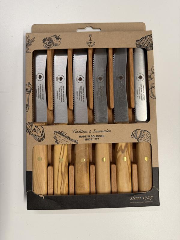 Buckelmesser Holzgriff Olive mit Buche Case 6er WELLENSCHLIFF