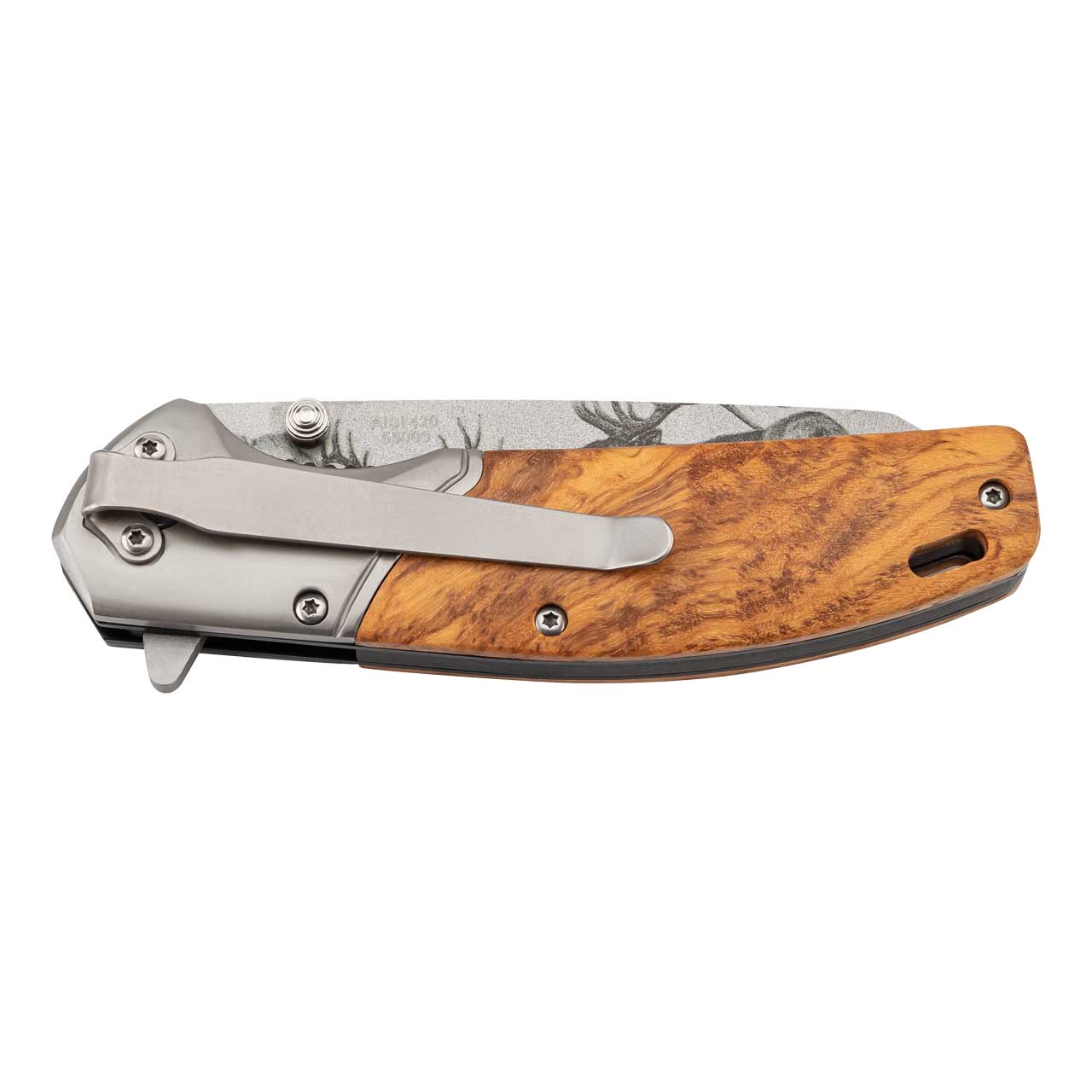 Einhandmesser Olivenholz, Hirschmotiv
