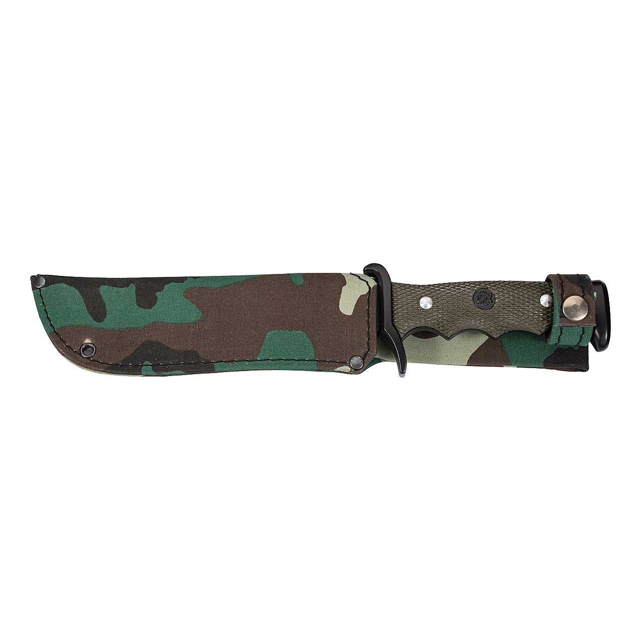 Gürtelmesser, brünierte Klinge, Rückensäge,