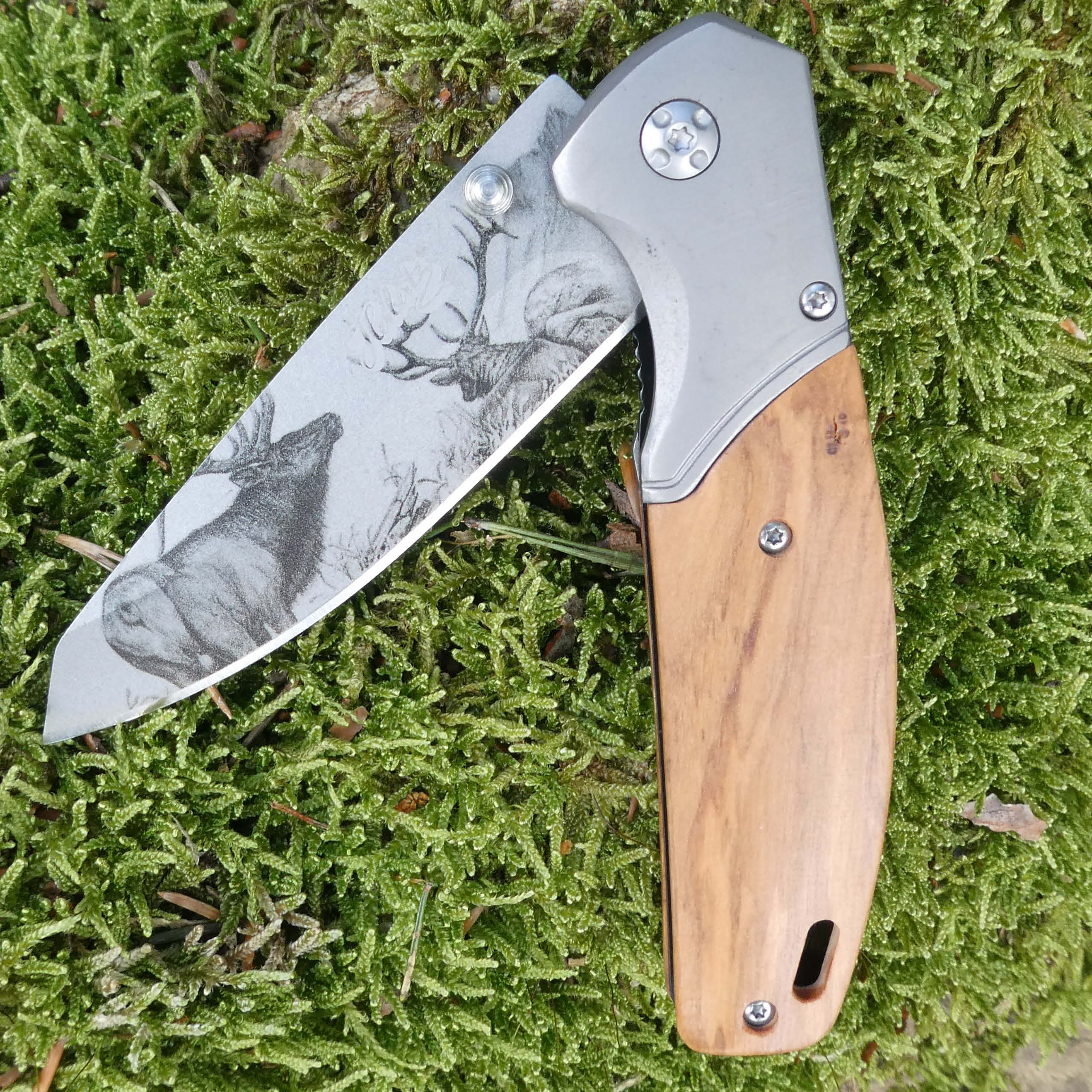 Einhandmesser Olivenholz, Hirschmotiv