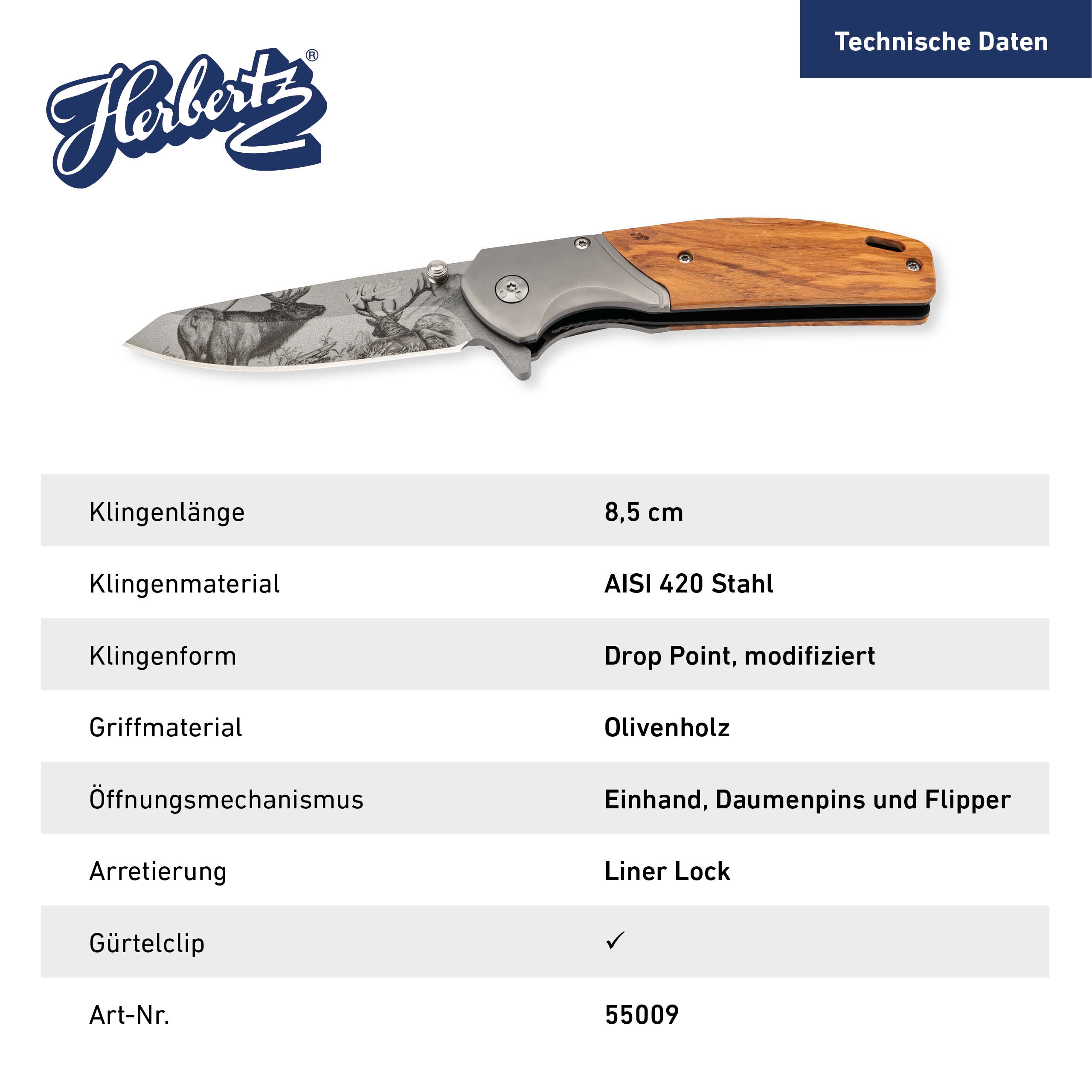 Einhandmesser Olivenholz, Hirschmotiv