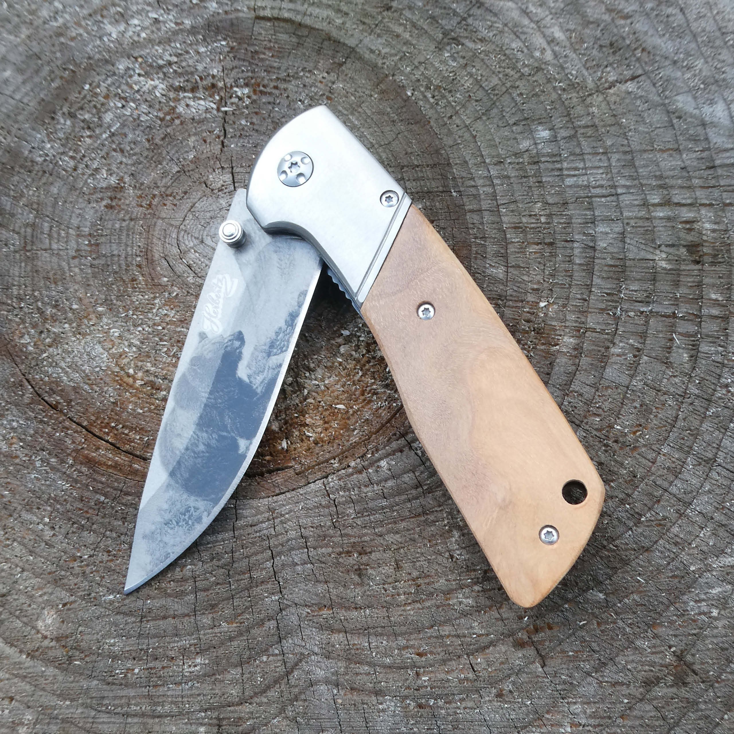 Einhandmesser Olivenholz, Bärenmotiv