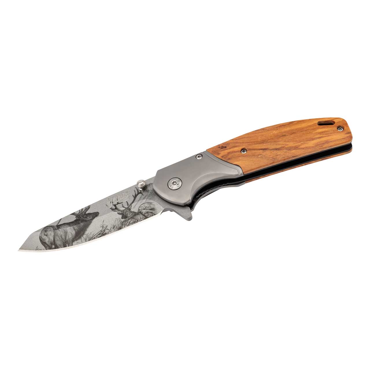 Einhandmesser Olivenholz, Hirschmotiv