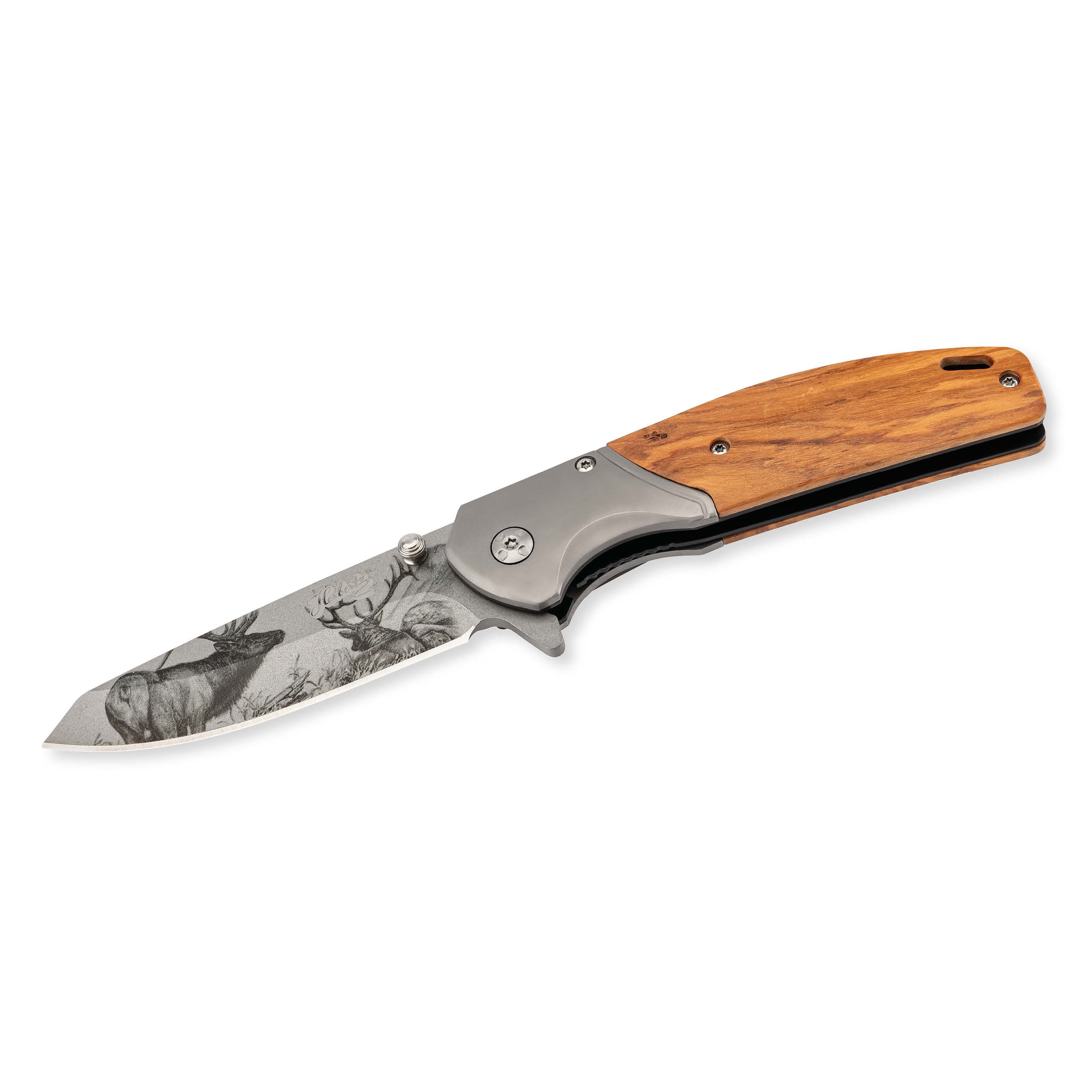 Einhandmesser Olivenholz, Hirschmotiv