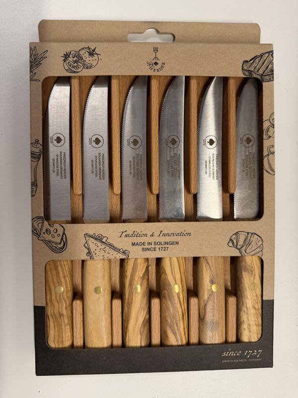 Steakmesser Holzgriff Olive mit Buche Case 6er Set WELLENSCHLIFF