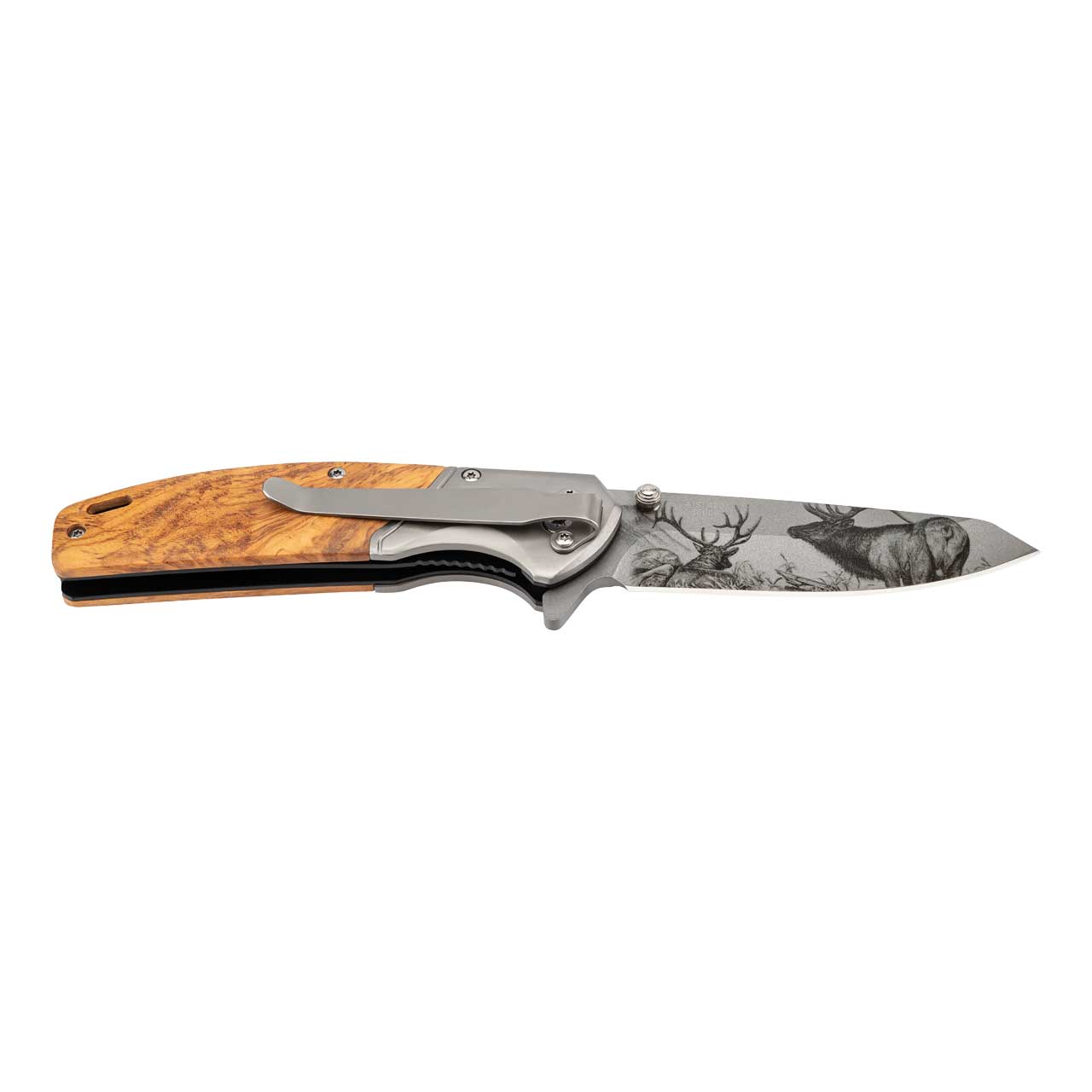 Einhandmesser Olivenholz, Hirschmotiv