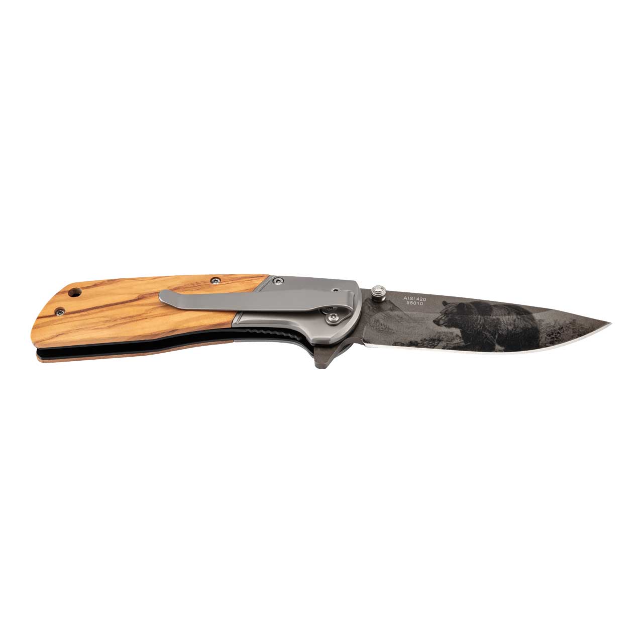 Einhandmesser Olivenholz, Bärenmotiv
