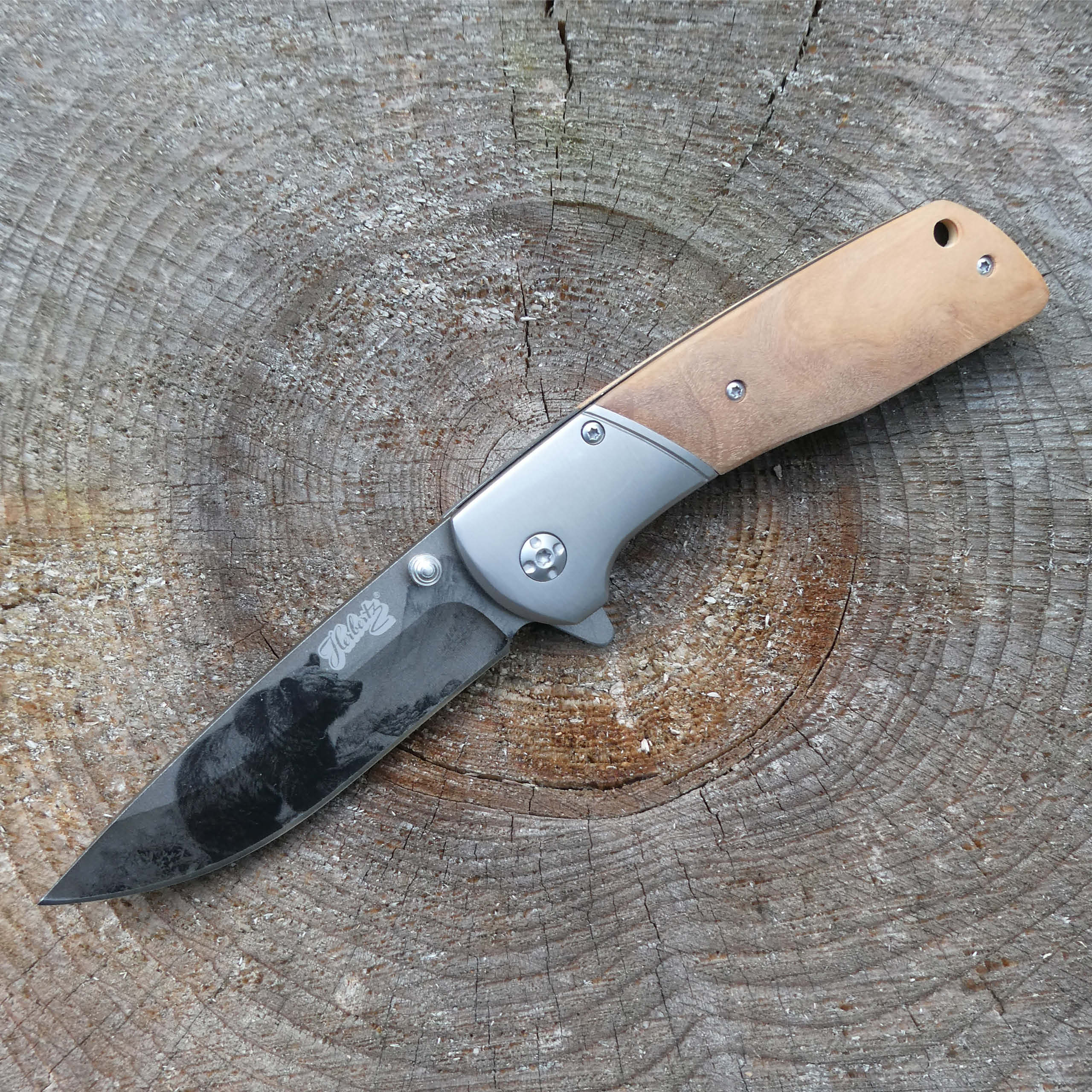 Einhandmesser Olivenholz, Bärenmotiv