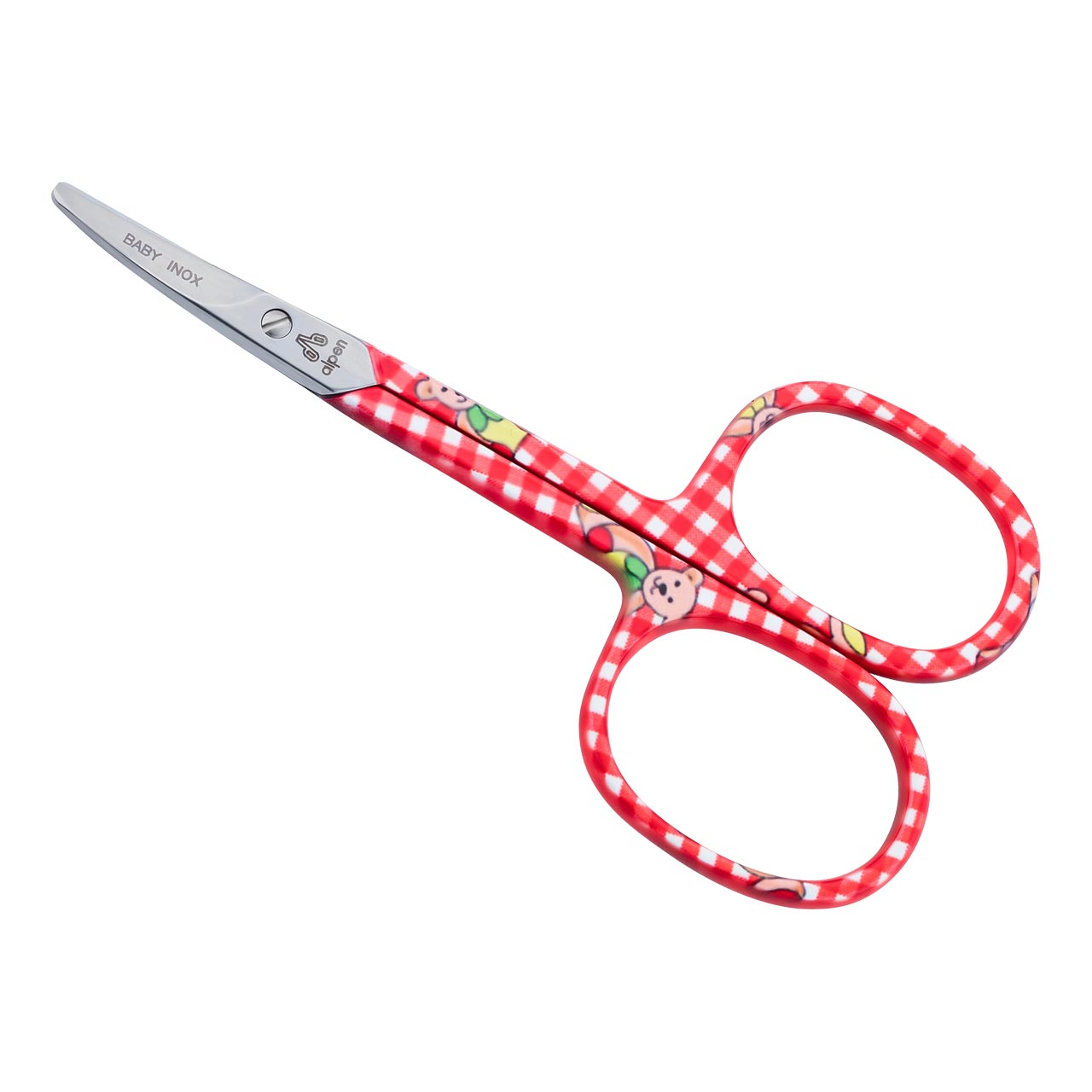 Baby-Nagelschere rot, abgerundet, rostfrei, gebogen, 9.0 cm