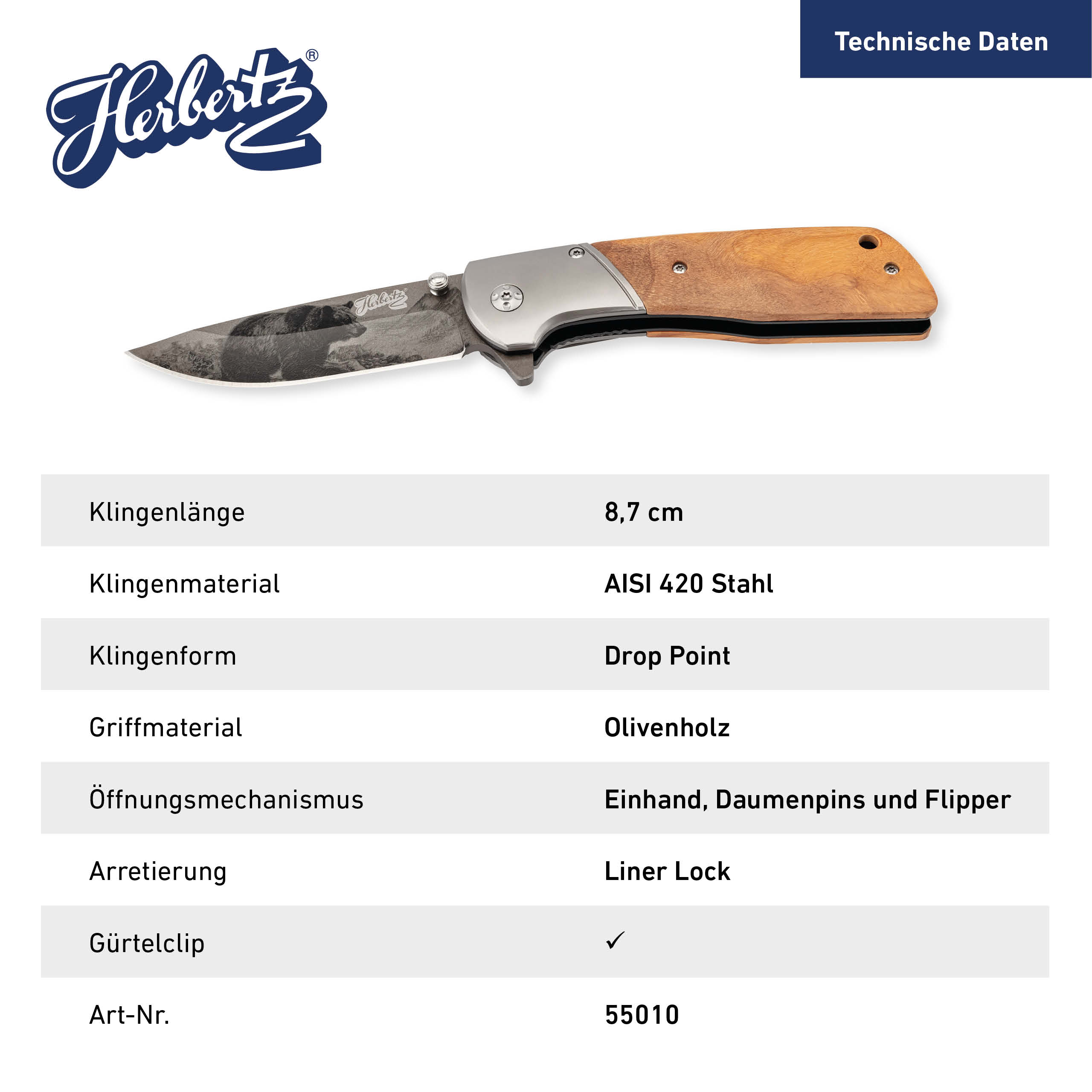 Einhandmesser Olivenholz, Bärenmotiv