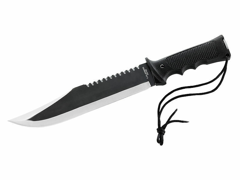 Herbertz Survival-Knife, Stahl AISI 420, Lederscheide, Zubehör im Griff